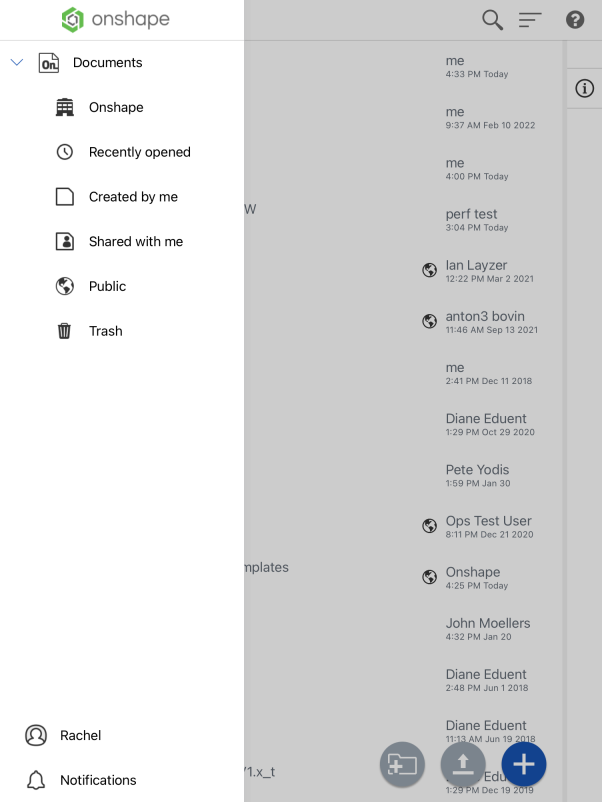 Capture d'écran du menu latéral de la page Documents sur un iPad