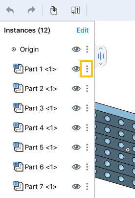 List of Parts with Menu Icon circled in Orange