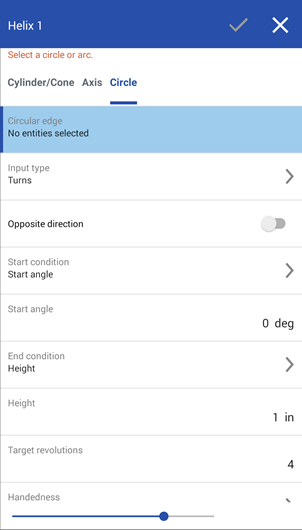 Boîte de dialogue Hélice, type cercle
