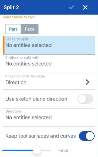 Boîte de dialogue Face scindée avec courbe, sélection de la direction, sur iOS