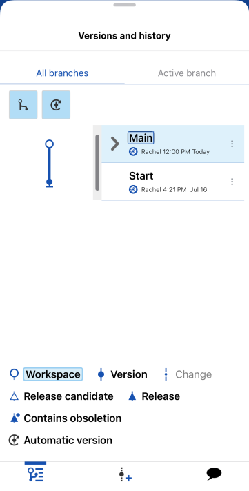 Screenshot of the Versions and history panel in a Part Studio on iOS