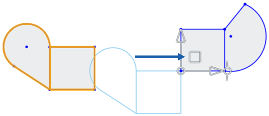 Exemple d'utilisation du plan pour faire glisser le point rotatif de l'esquisse vers le point d'accrochage d'une autre esquisse