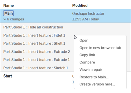 menu contextuel de modification de l'historique