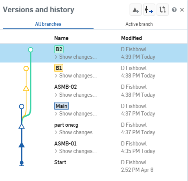 Menu détails de l'historique avec exemple de branches