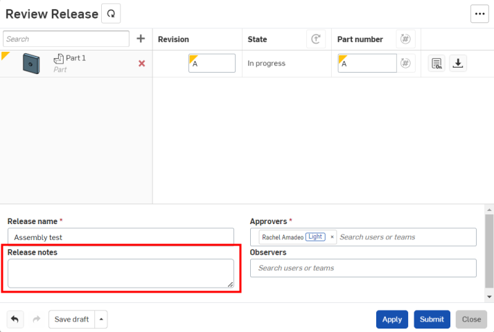 Panneau de révision de la version avec zone de commentaires surlignée en bleu