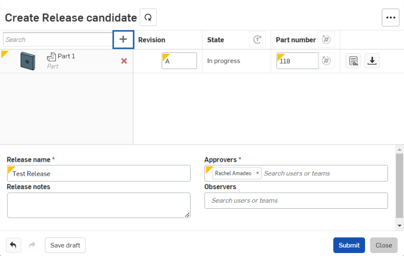 Screenshot of the Create Release candidate dialog with the add release candidate button outlined in blue