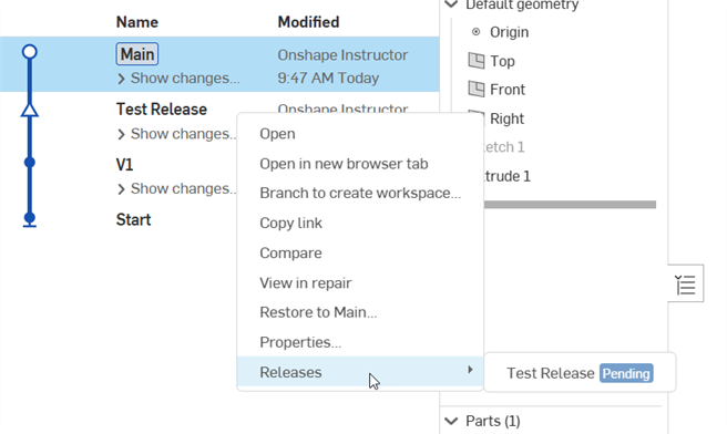 Capture d'écran du menu déroulant Versions et historique dans un document
