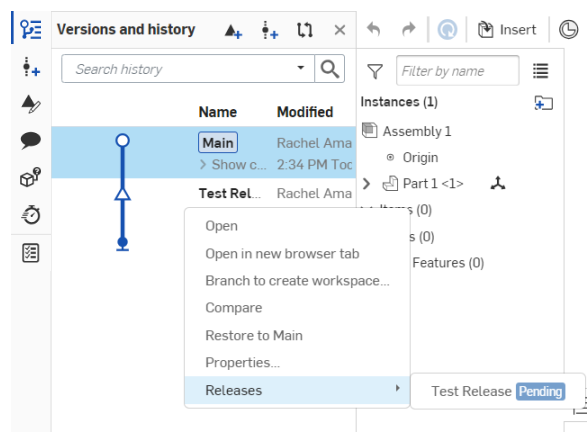 Capture d'écran du menu déroulant Versions et historique dans un document