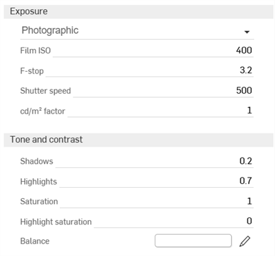 Exposure and Tone and contrast settings