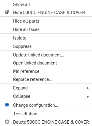 Menu contextuel de la liste des scènes