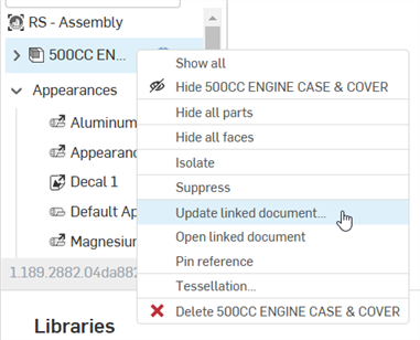 Entrée du menu contextuel de mise à jour du document lié