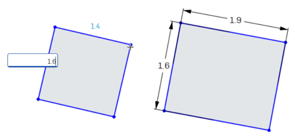 Exemple d'ajout de valeurs numériques pour les cotes de la longueur et de la largeur du rectangle