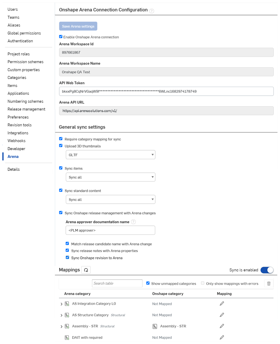 Enterprise settings: Arena dialog