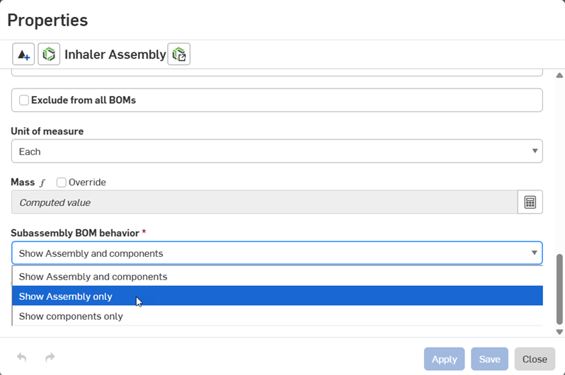 Assembly Properties dialog