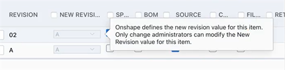 Warning message indicating only change administrators can modify the Revision