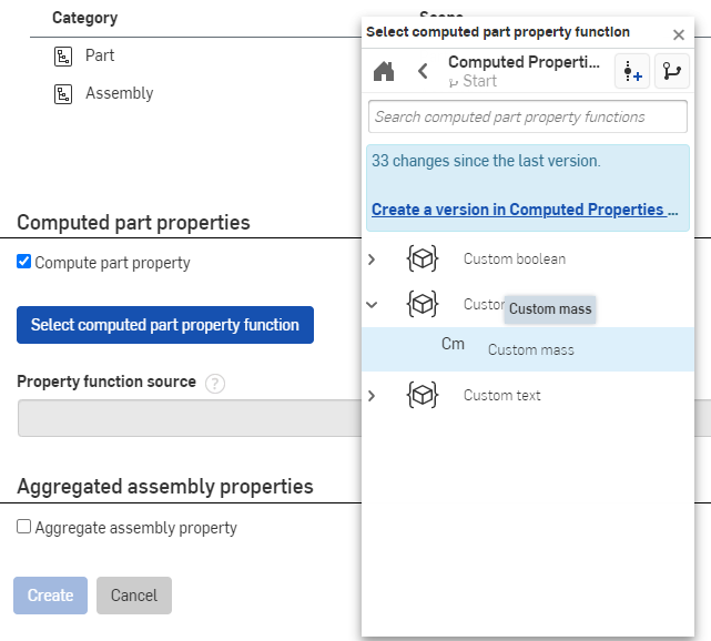 Selezione di FeatureScript per una proprietà personalizzata