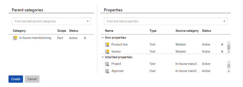 Selezione di proprietà specifiche per la sottocategoria, ad esempio Linea di prodotti e Fornitore