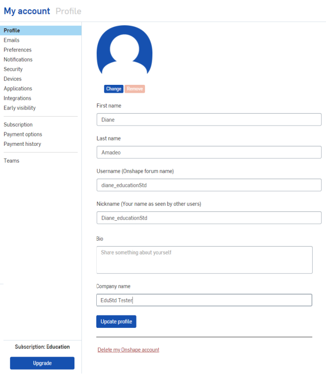 Finestra di dialogo Il mio account &gt; Profilo con il collegamento Elimina il mio account Onshape in basso