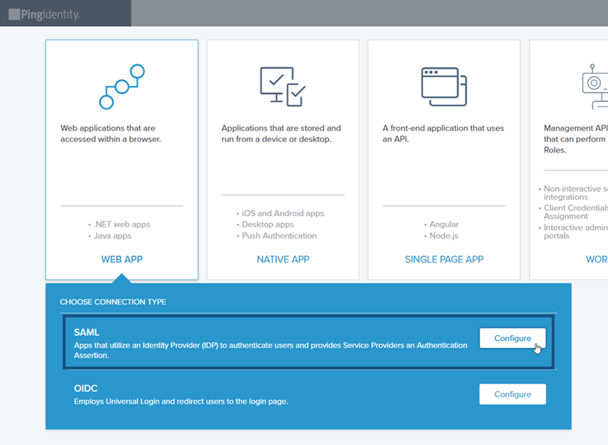 Clic sulla casella Web App e quindi sul pulsante Configura nella finestra di dialogo di scelta del tipo di connessione SAML