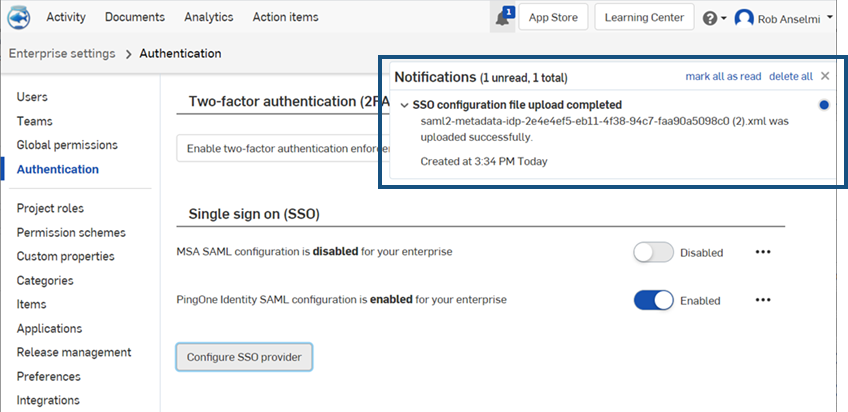 Notifica che informa che il file di configurazione SSO è stato caricato correttamente