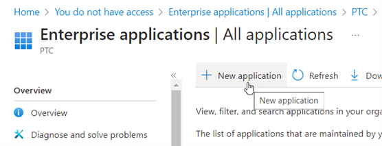 Esempio di selezione di Nuova applicazione dalla pagina Applicazioni Enterprise