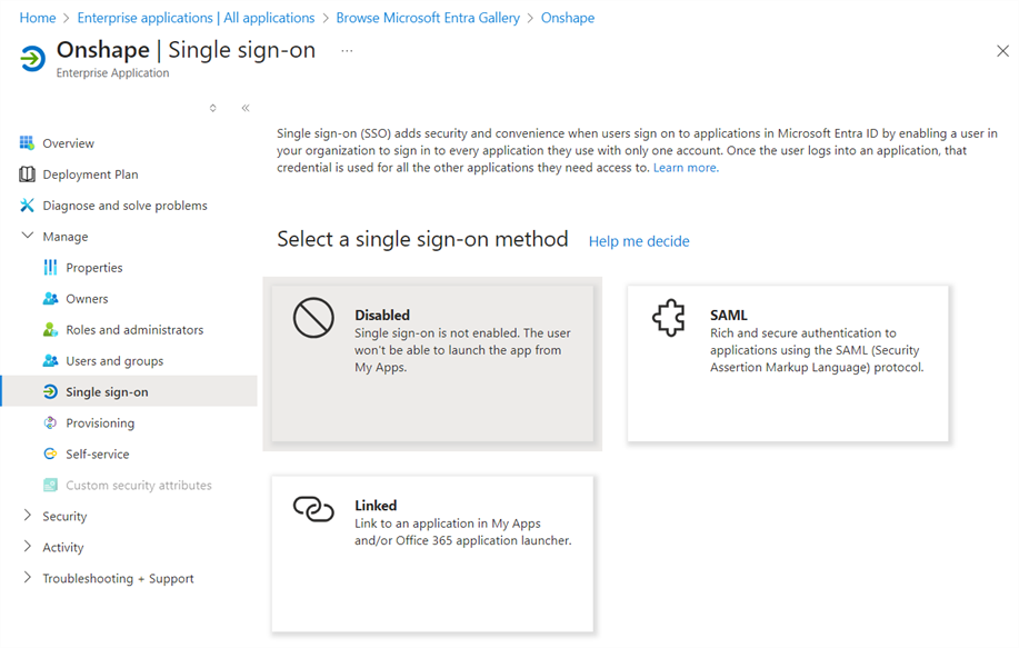 Clic sull'opzione SAML nella pagina Single sign on