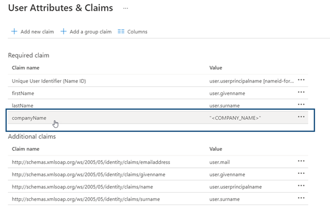 Selezione dell'attestazione companyName nella pagina Attributi e attestazioni utente