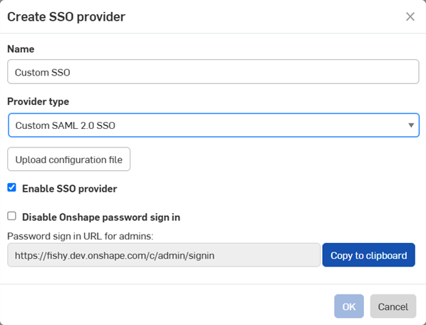 Finestra di dialogo Crea provider SSO