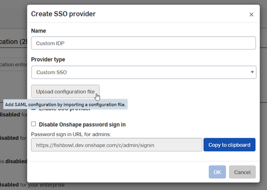 Crea provider SSO, caricamento del file di configurazione