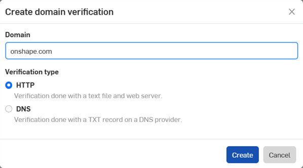 Create domain verification dialog