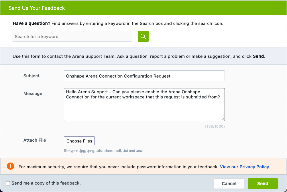 Feedback window for requesting Arena connection to Onshape