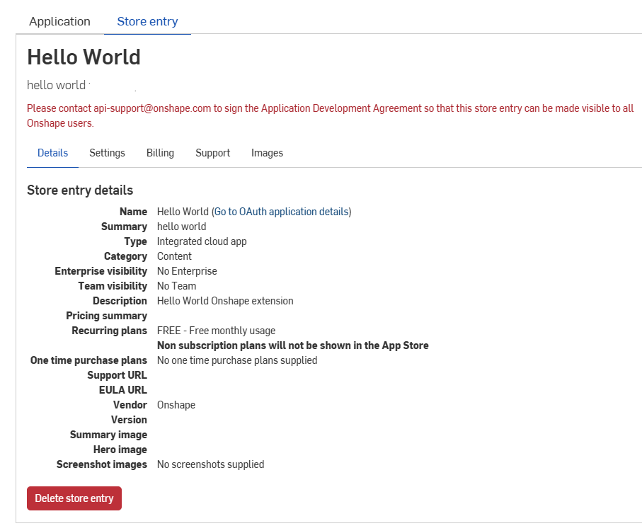 OAuth applications page with Store entry tab selected