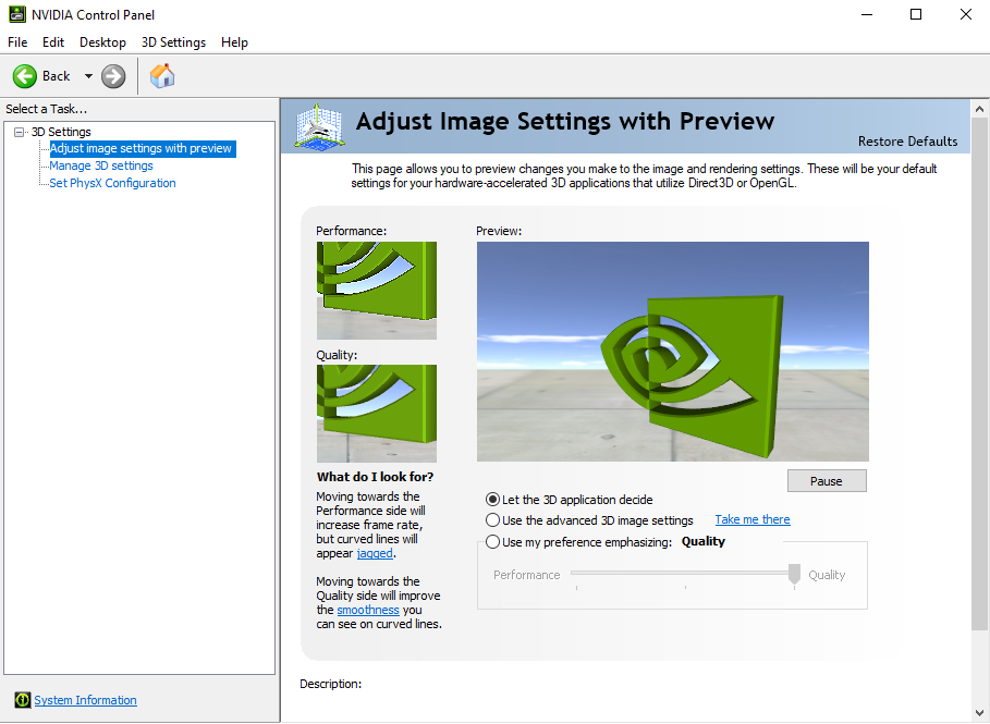 Pannello di controllo NVIDIA, Regola le impostazioni dell'immagine con l'anteprima, lascia che l'applicazione 3D decida