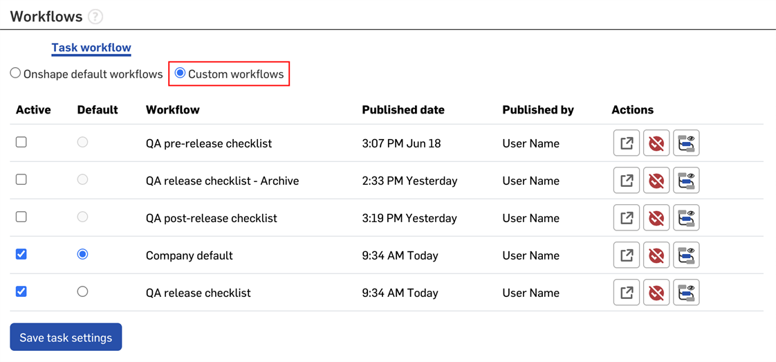 Enterprise settings: Task management, custom workflows page