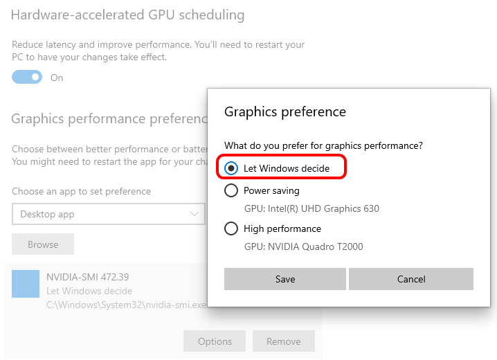 Impostazioni grafiche di Windows, preferenze