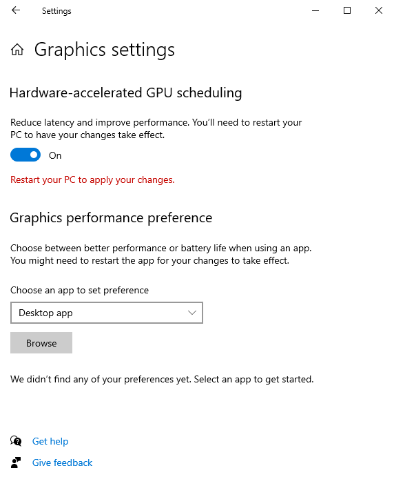 Impostazione grafica del sistema Windows, pianificazione GPU con accelerazione hardware attivata