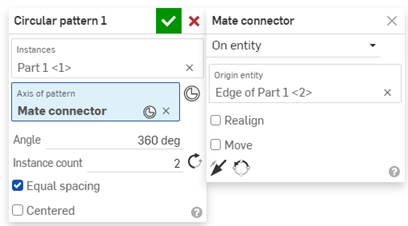 Finestra di dialogo Ripetizione circolare con mate connector come asse