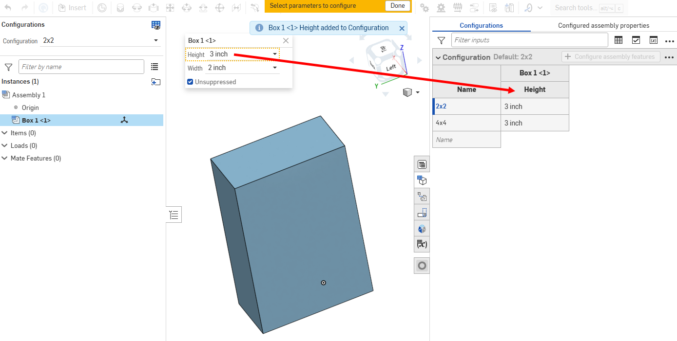 Selecting a parameter to configure in an assembly