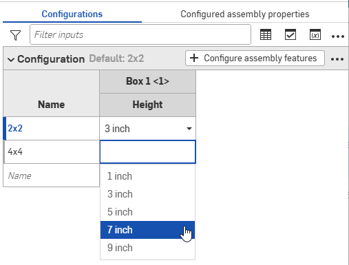 Selecting option values in the configuration panel