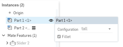 Visualizzazione della configurazione attiva nell'assieme passando con il cursore del mouse e visualizzando il suggerimento