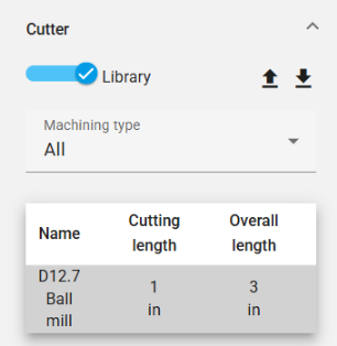 Screenshot of the Tool panel Cutter section in CAM Studio