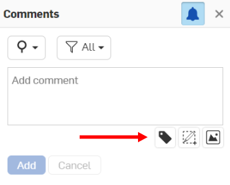 Screenshot della finestra di dialogo Commenti con una freccia che punta all'icona dell'entità Tag