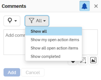 Screenshot del riquadro Commenti con il menu a discesa del filtro aperto