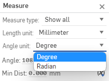 Finestra di dialogo Misura che mostra le opzioni del menu a discesa Unità angolo