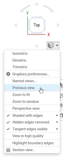 Schermata della fotocamera e del menu delle opzioni di rendering aperte con la vista Precedente evidenziata