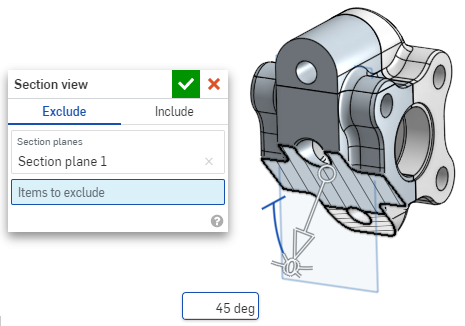 Finestra di dialogo Vista in sezione con un esempio che mostra una rotazione di 45 gradi su un modello, quando si escludono sezioni dalla vista