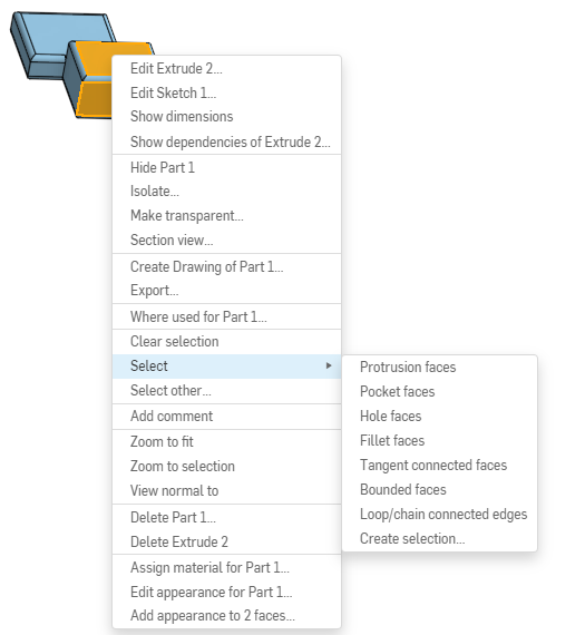 Accesso a Creare selezione dal menu contestuale della parte