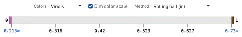 Screenshot of the Thickness analysis color scale with Dim color scale option checked