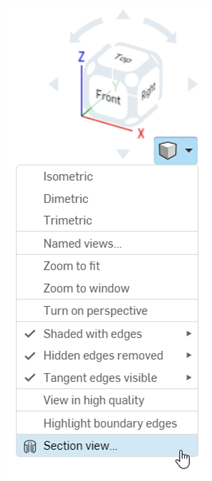 Schermata della fotocamera e del menu delle opzioni di rendering aperte con la vista Sezione evidenziata