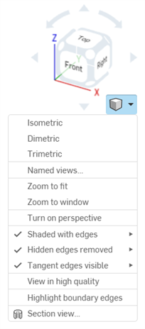 Menu a discesa del View cube aperto